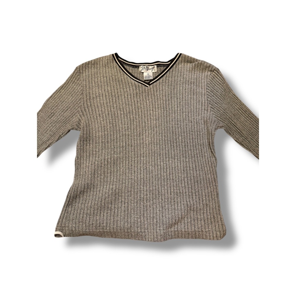 2B Design Ribbed V-Neck Top Striped Trim Long Sleeve Casual Gray Size S